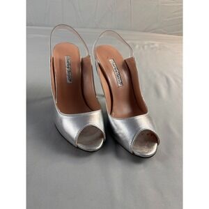 Charles David Amelie Women Heels Slingback 6.5 Silver Peep Toe Leather Spain
